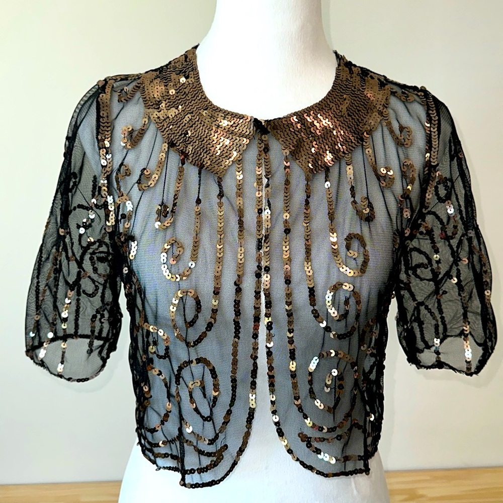 An Original MILLY of New York, Sheer Black, Shawl w/ Decorative Gold Sequins